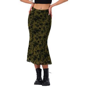 Mesh Floral Elastic High Waist Fishtail Bodycon Midi Skirt Olive Green